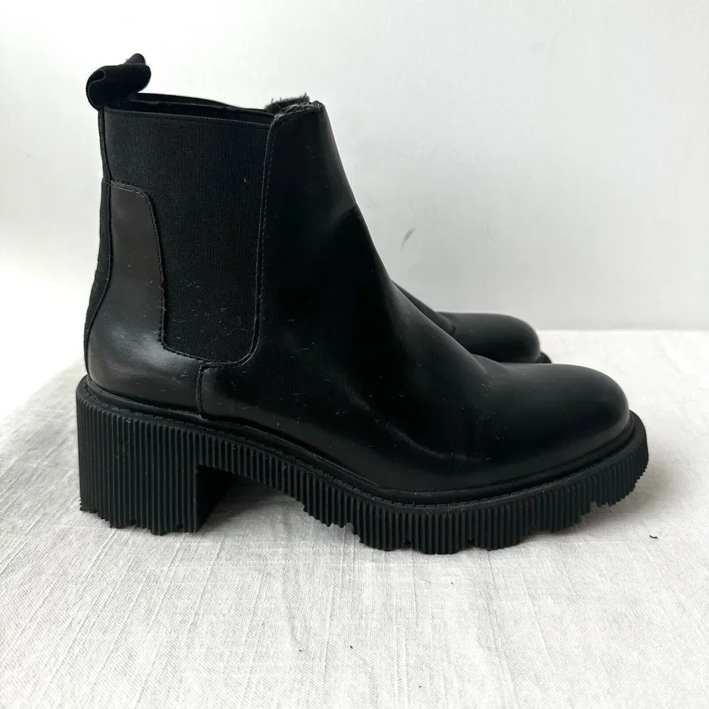 Zara Lug‎ Sole Ankle Platform Boots Black Size 38 Chunky Heel US 7.5